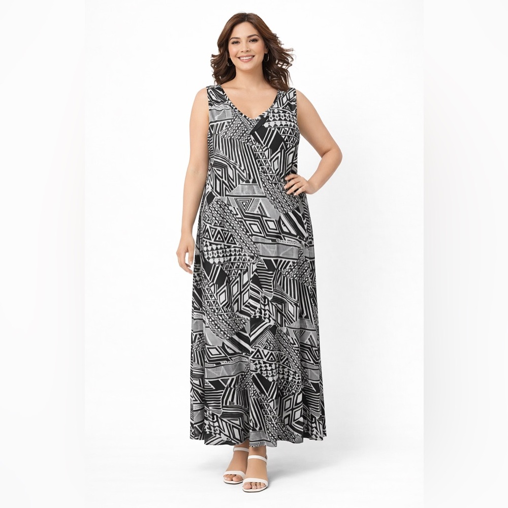 Avenue Black White Geometric Print Maxi Dress Sleeveless Size 18/20